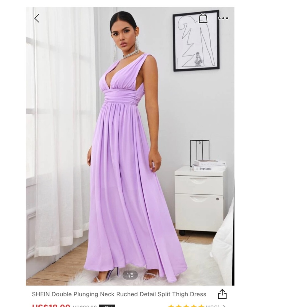 Plunging neck ruched detail split thigh dress